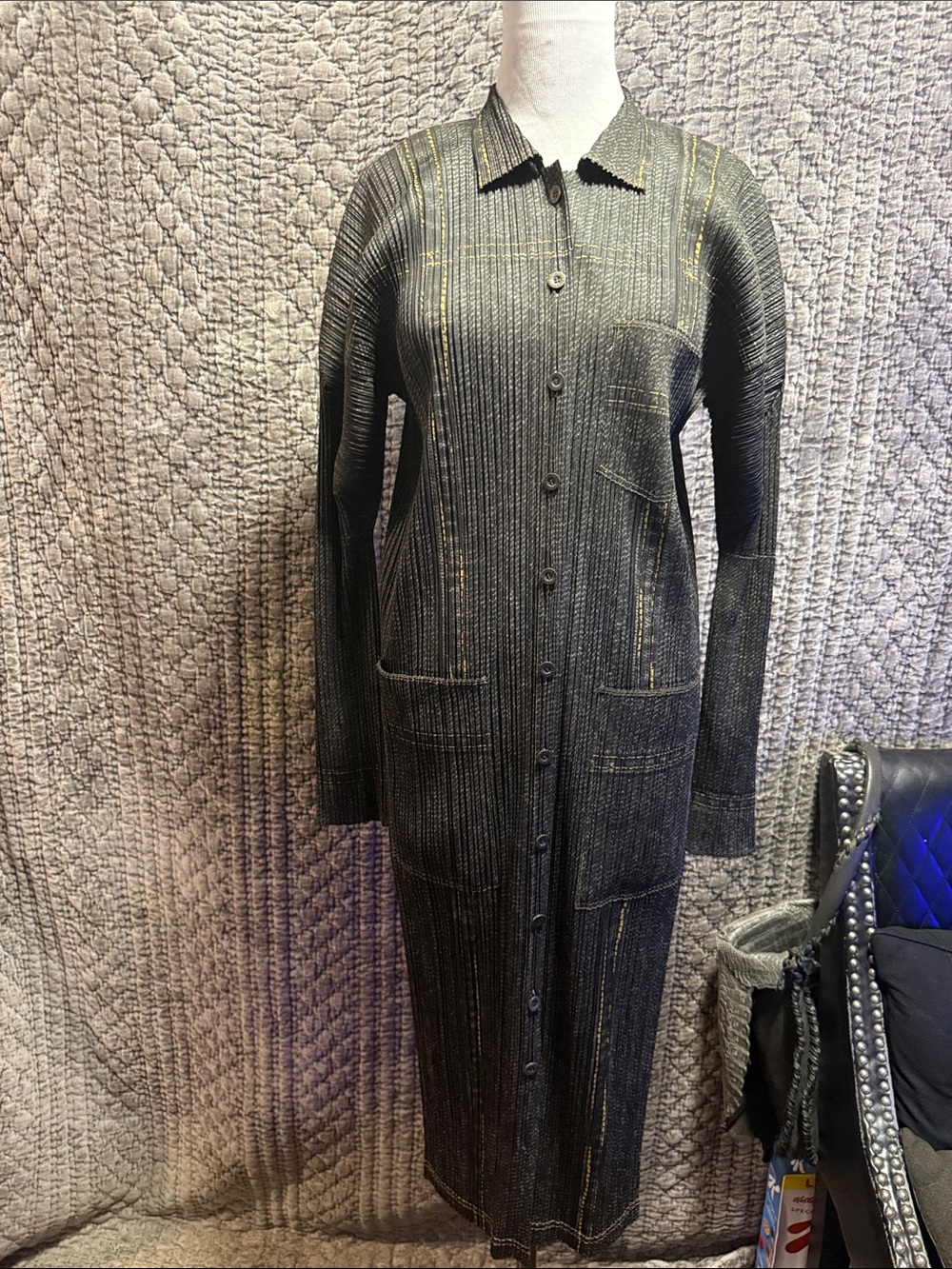 Issey Miyake — Pleats Pleats Black Trench Coat with Gold Threading